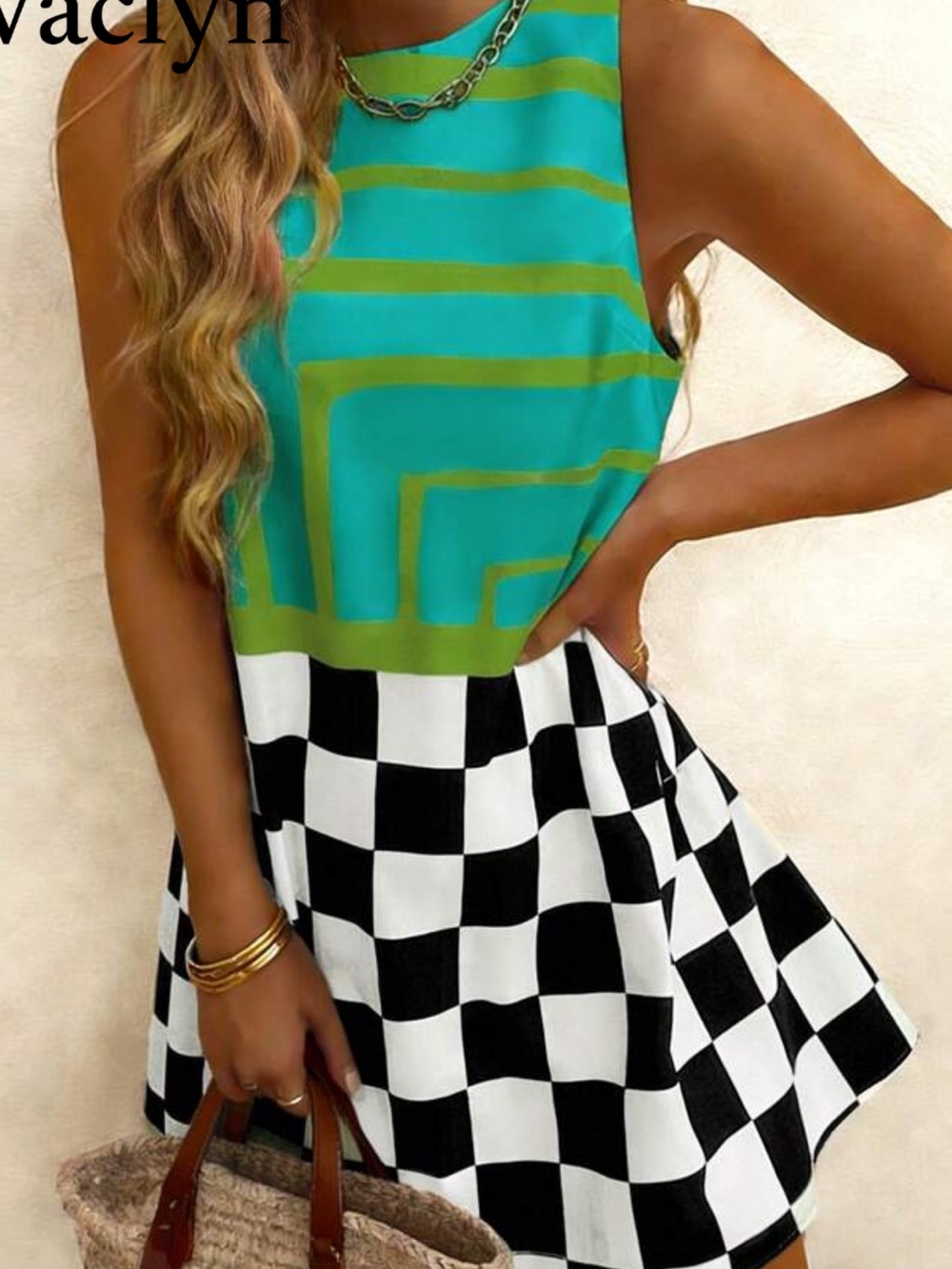 Womens Geometric Tank & Checkerboard Skater Dress - Turquoise/Green/Black new L